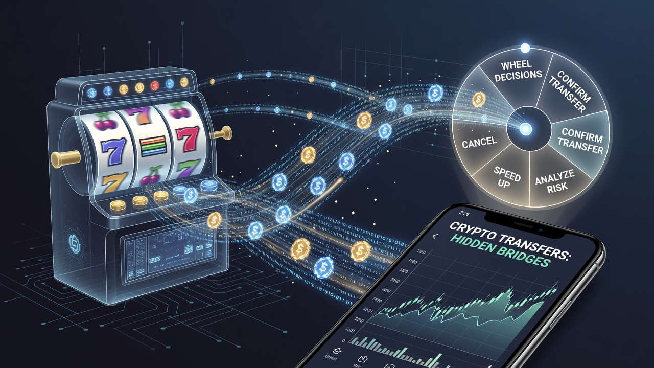 Illustration of cryptocurrency transfers linking mobile slot reels and roulette wheels on pocket devices