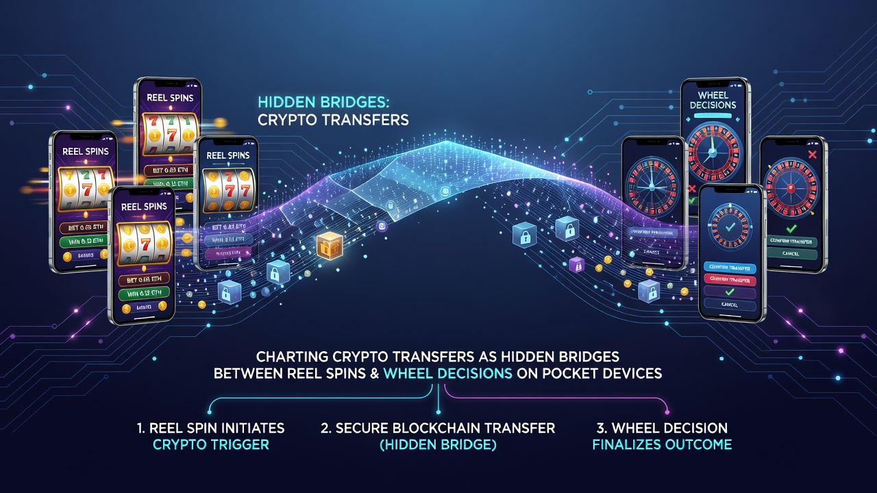 Diagram showing data flows of crypto transfers between slot and roulette interfaces on mobile screens