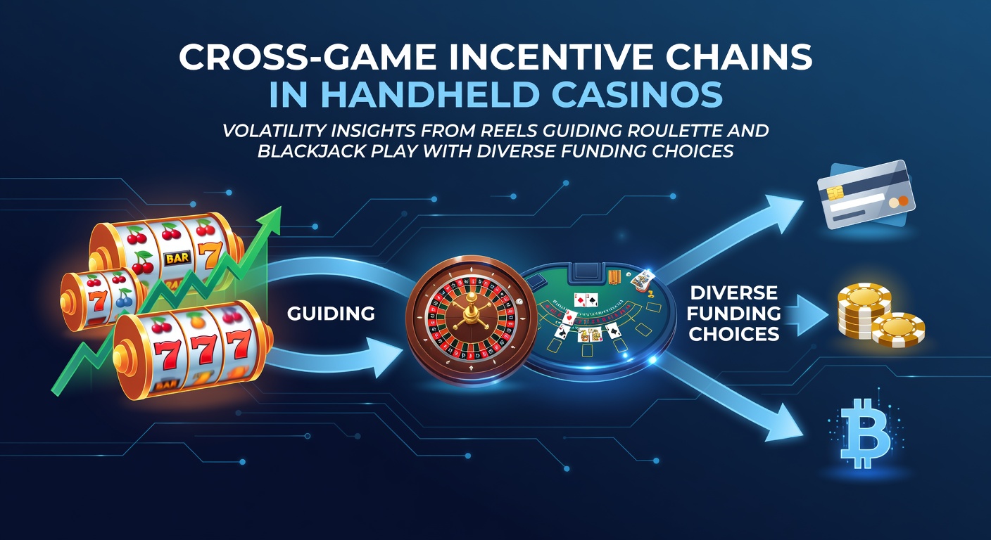 Mobile casino interface showing interconnected slot reels transitioning into roulette and blackjack tables with funding options displayed