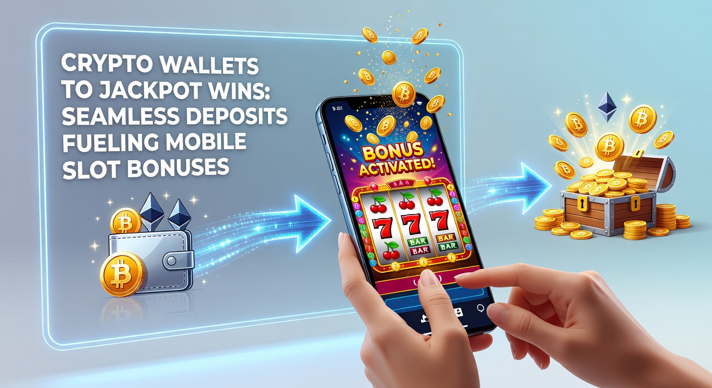 Dynamic graphic of crypto transaction flowing into a mobile slot jackpot explosion, with bonus icons and wallet interfaces