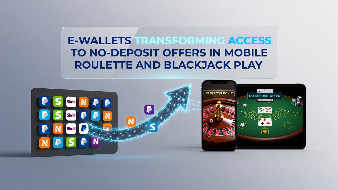 Smartphone displaying mobile roulette and blackjack interfaces with e-wallet payment icons overlayed on a digital background