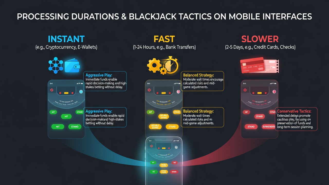 Smartphone screen showing blackjack gameplay alongside transaction status notifications for different funding methods