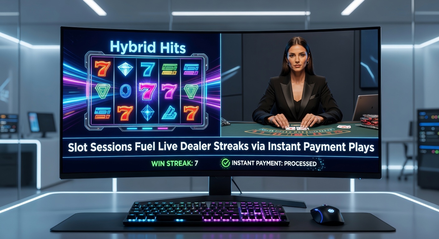Dynamic casino screen showing slot reels transitioning to a live dealer blackjack table with instant payment icons overlayed