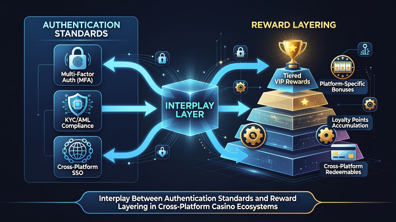 Flowchart illustrating reward layers accumulating after successful multi-platform authentication steps