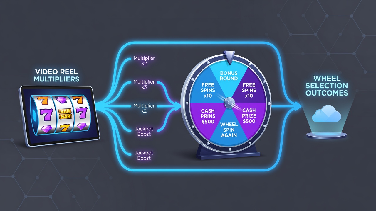 Detailed view of wheel selection interface receiving multipliers from preceding video reel plays