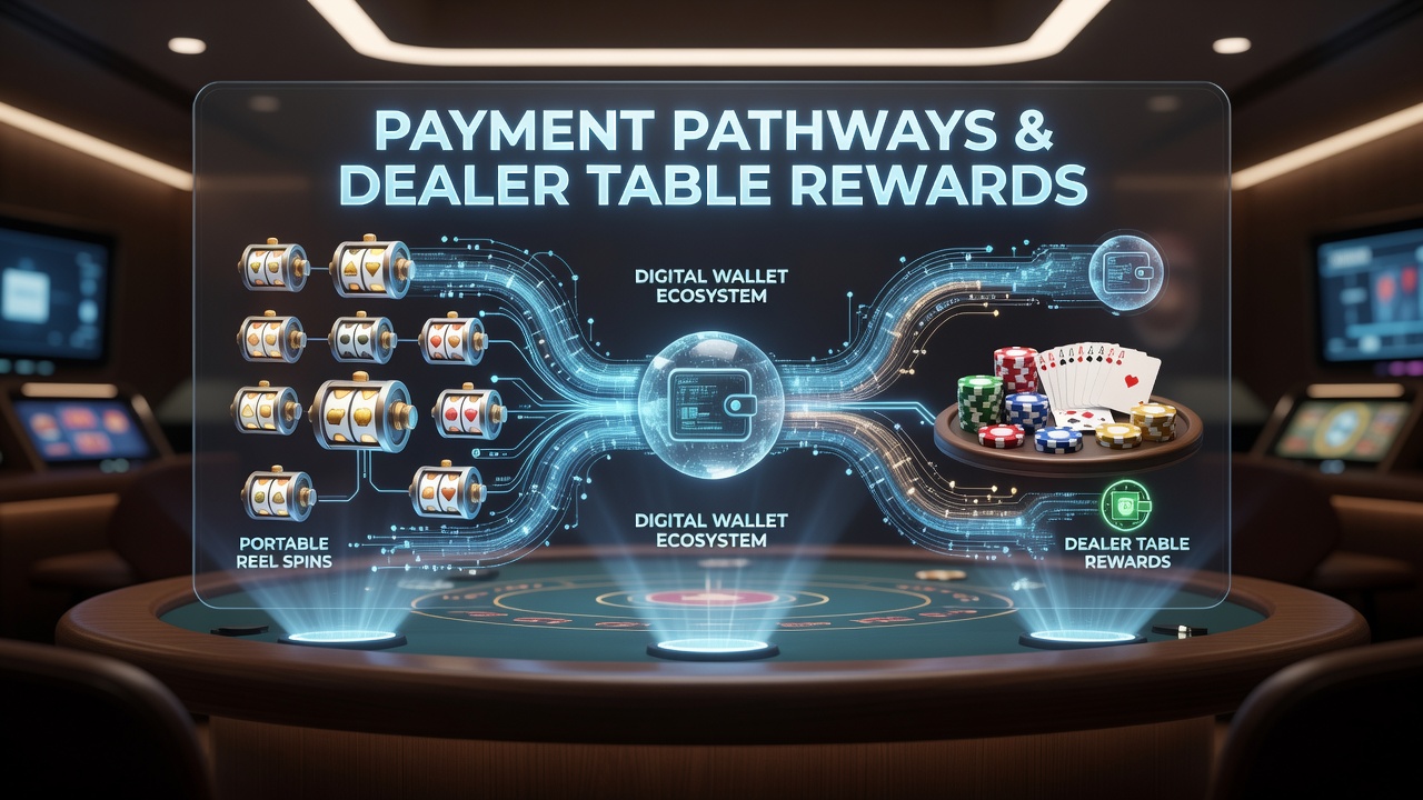 Illustration of digital wallet transactions linking mobile slot reels to live dealer table rewards in an online casino ecosystem