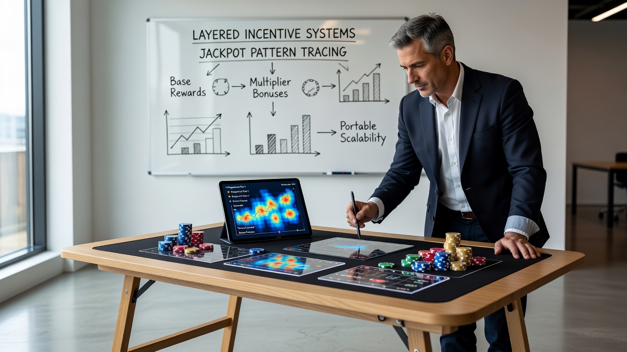 Data visualization screen showing jackpot contribution curves across different incentive layer combinations in mobile table games