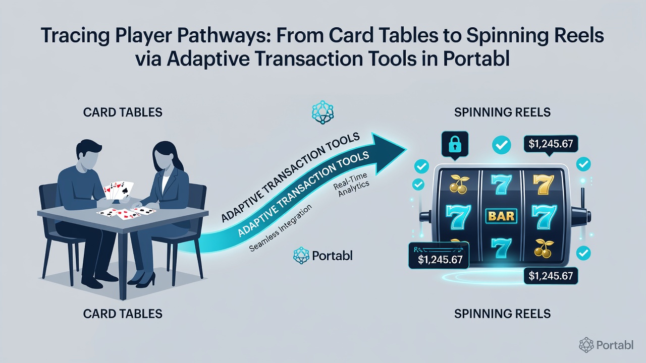 Mobile device displaying slot reels alongside card table imagery with payment flow arrows