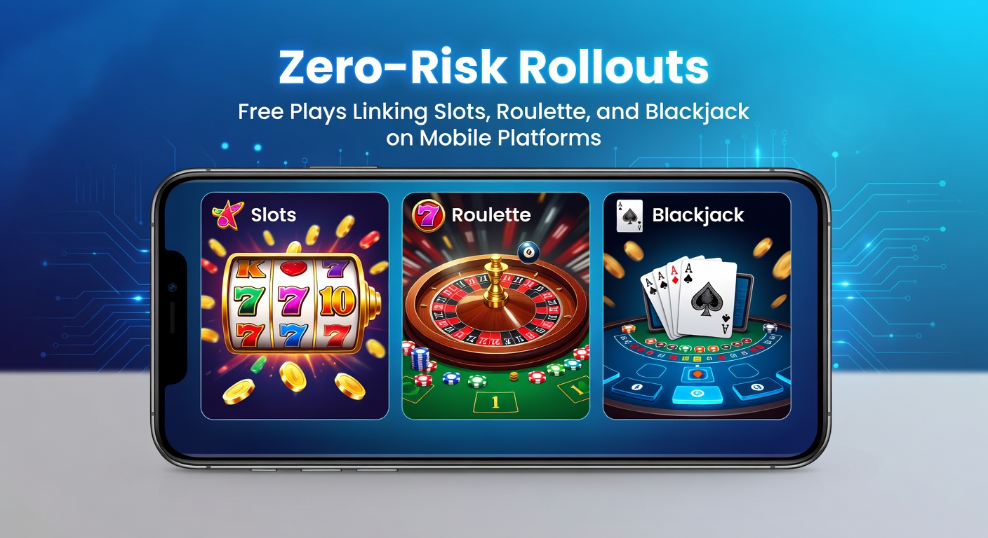 Mobile screen showing seamless transition from slot reels to roulette wheel and blackjack table with free play icons glowing
