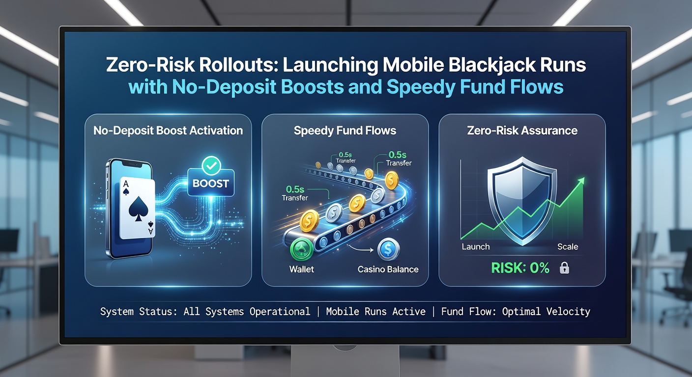 Illustration of swift money transfer arrows connecting a no-deposit bonus screen to a blackjack table and bank account on a smartphone